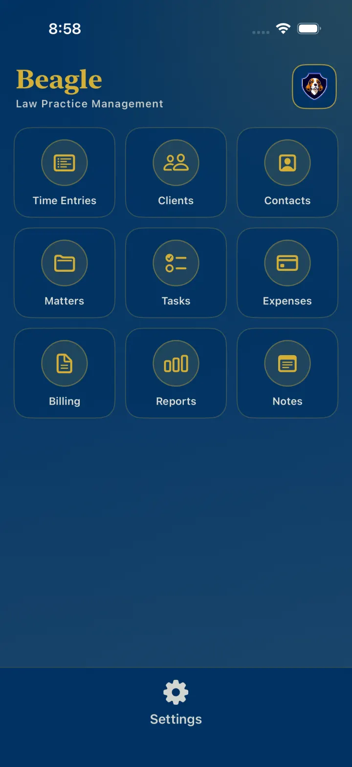 Beagle on iPhone showing the home grid: Time Entries, Clients, Contacts, Matters, Tasks, Expenses, Billing, Reports and Notes.